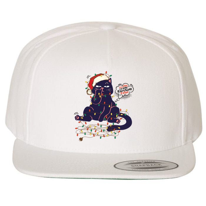 Funny Tangled Christmas Lights Cat Im Fine Everything Is Fine Wool Snapback Cap