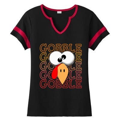 Funny Thanksgiving Crazy Turkey Face Gobble Gobble Gobble Ladies Halftime Notch Neck Tee