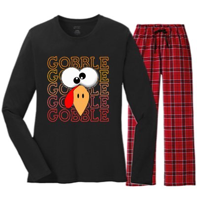 Funny Thanksgiving Crazy Turkey Face Gobble Gobble Gobble Women's Long Sleeve Flannel Pajama Set 