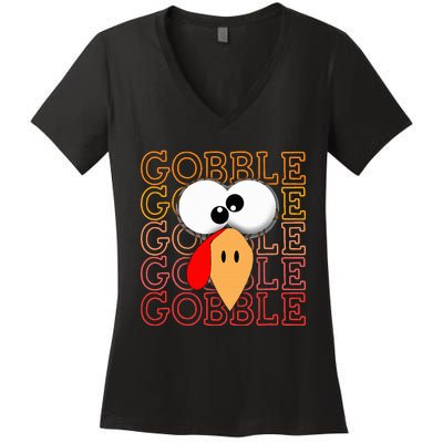 Funny Thanksgiving Crazy Turkey Face Gobble Gobble Gobble Women's V-Neck T-Shirt