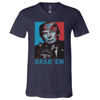 Funny Trump Cat Grab Em Cat V-Neck T-Shirt