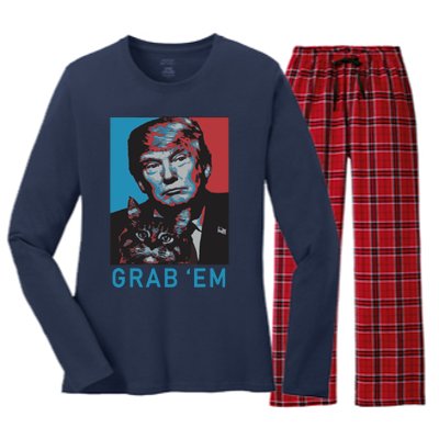 Funny Trump Cat Grab Em Cat Women's Long Sleeve Flannel Pajama Set 