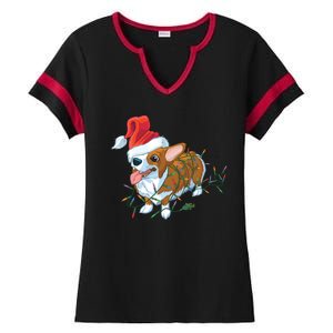 Funny Tangled Christmas Lights Corgi Dog Ladies Halftime Notch Neck Tee