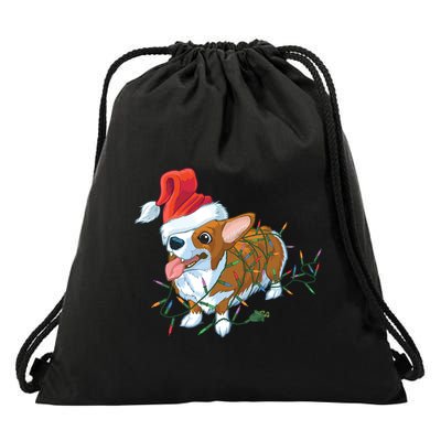 Funny Tangled Christmas Lights Corgi Dog Drawstring Bag