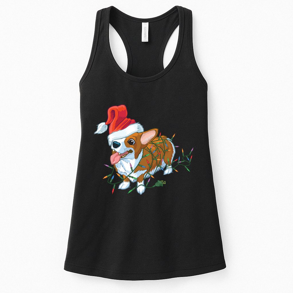 Funny Tangled Christmas Lights Corgi Dog Womens Tank Top