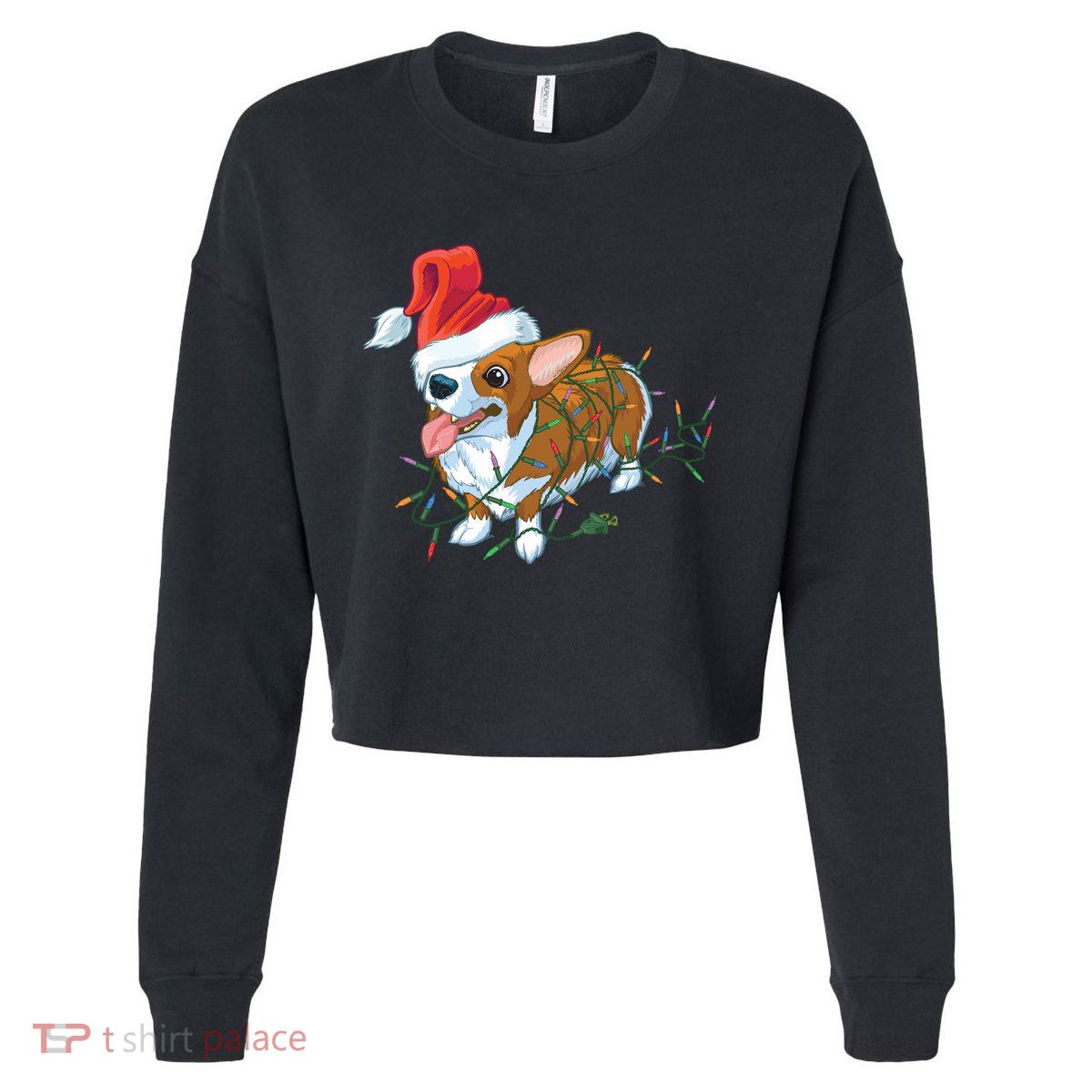 Funny Tangled Christmas Lights Corgi Dog Cropped Pullover Crew