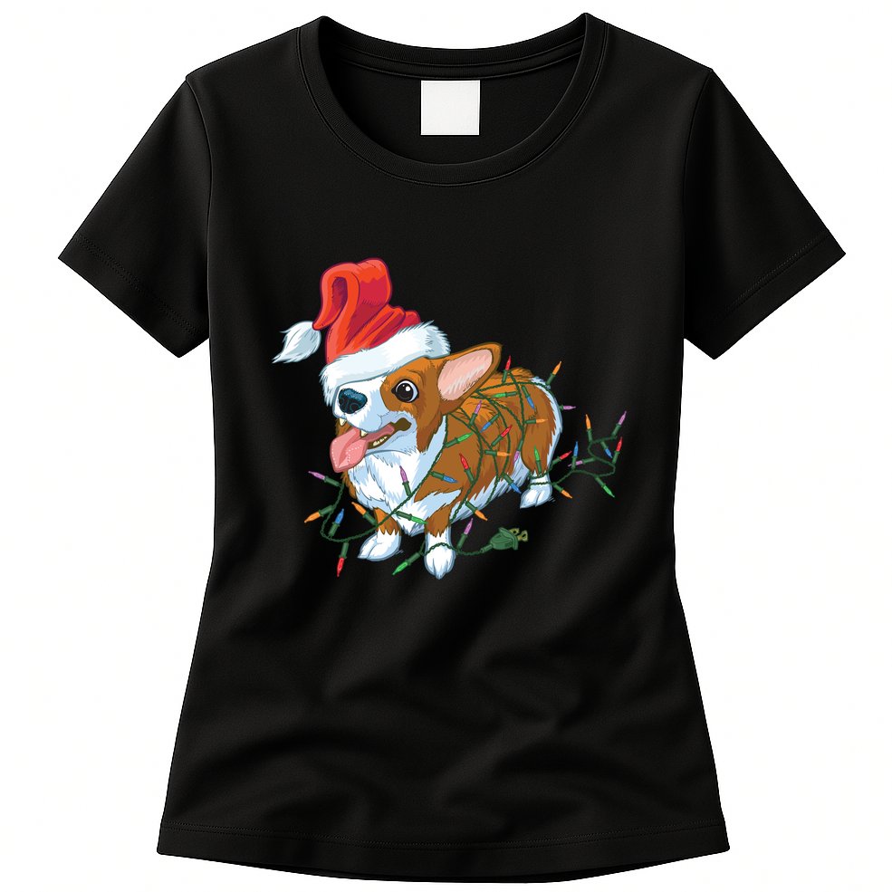 Funny Tangled Christmas Lights Corgi Dog Womens T-Shirt