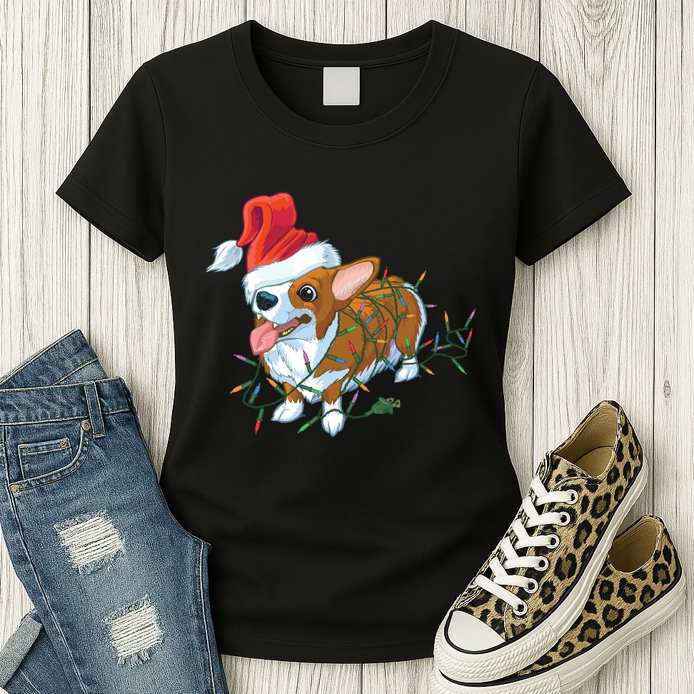Funny Tangled Christmas Lights Corgi Dog Womens T-Shirt