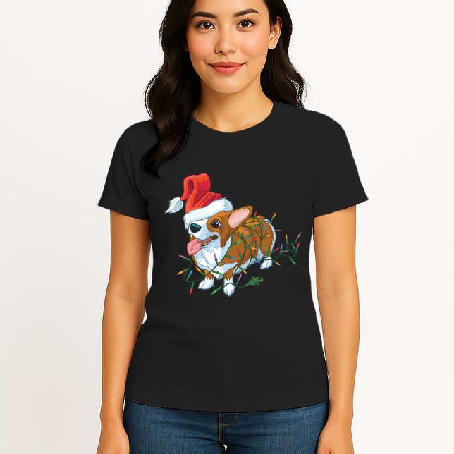 Funny Tangled Christmas Lights Corgi Dog Womens T-Shirt