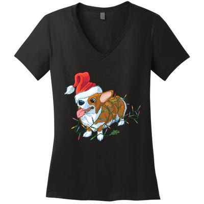 Funny Tangled Christmas Lights Corgi Dog Women's V-Neck T-Shirt