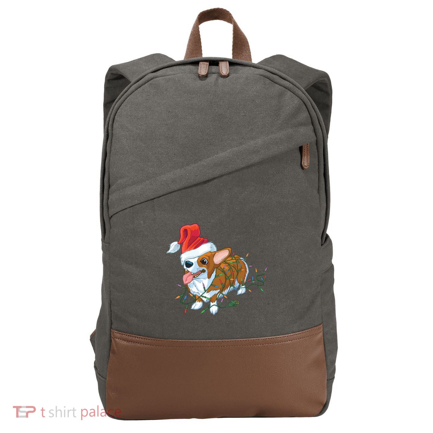 Funny Tangled Christmas Lights Corgi Dog Cotton Canvas Backpack