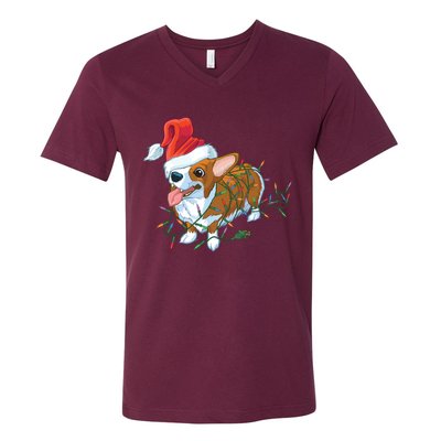 Funny Tangled Christmas Lights Corgi Dog V-Neck T-Shirt