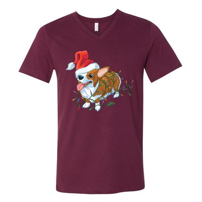 Funny Tangled Christmas Lights Corgi Dog V-Neck T-Shirt