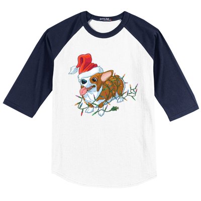 Funny Tangled Christmas Lights Corgi Dog Baseball Sleeve Shirt