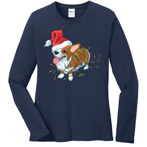 Funny Tangled Christmas Lights Corgi Dog Ladies Long Sleeve Shirt