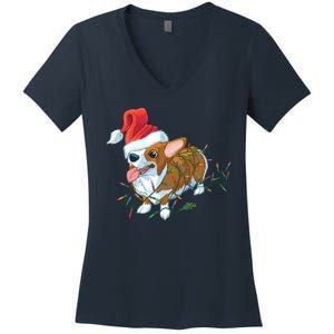 Funny Tangled Christmas Lights Corgi Dog Women's V-Neck T-Shirt