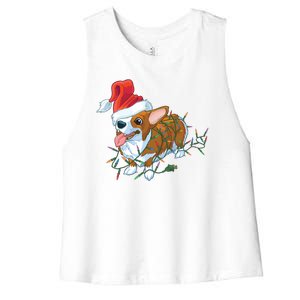 Funny Tangled Christmas Lights Corgi Dog Women's Racerback Cropped Tank