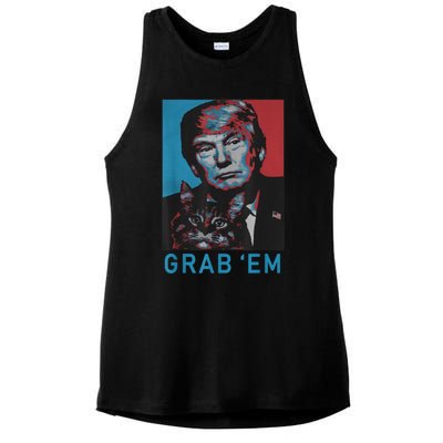 Funny Trump Cat Grab' Em Vintage Retro Trump Gift Ladies PosiCharge Tri-Blend Wicking Tank