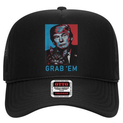 Funny Trump Cat Grab' Em Vintage Retro Trump Gift High Crown Mesh Back Trucker Hat