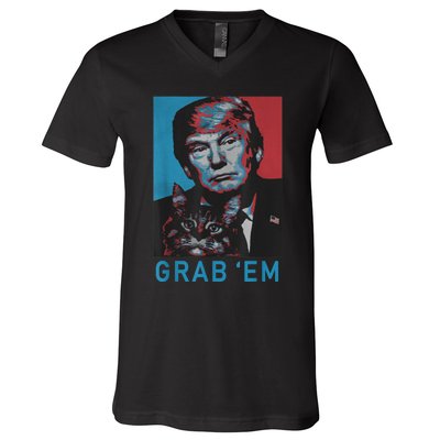 Funny Trump Cat Grab' Em Vintage Retro Trump Gift V-Neck T-Shirt