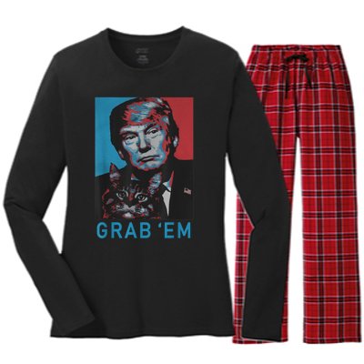 Funny Trump Cat Grab' Em Vintage Retro Trump Gift Women's Long Sleeve Flannel Pajama Set 