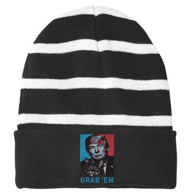 Funny Trump Cat Grab' Em Vintage Retro Trump Gift Striped Beanie with Solid Band