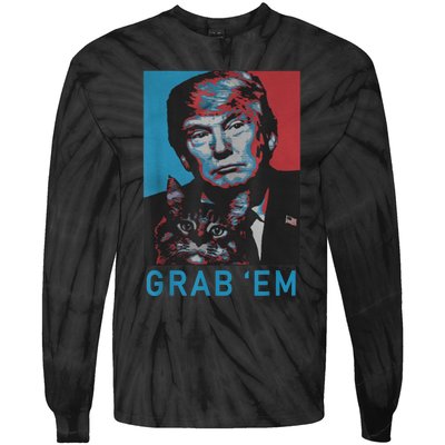 Funny Trump Cat Grab' Em Vintage Retro Trump Gift Tie-Dye Long Sleeve Shirt