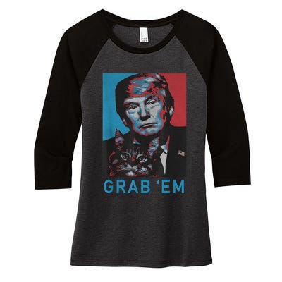 Funny Trump Cat Grab' Em Vintage Retro Trump Gift Women's Tri-Blend 3/4-Sleeve Raglan Shirt