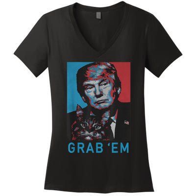 Funny Trump Cat Grab' Em Vintage Retro Trump Gift Women's V-Neck T-Shirt