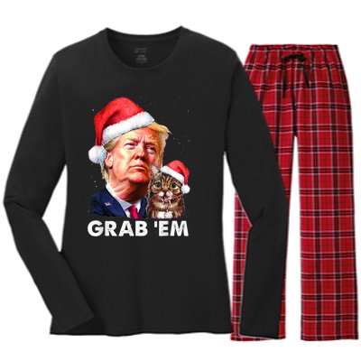 Funny Trump Cat Grab' Em Christmas Trump Women's Long Sleeve Flannel Pajama Set 