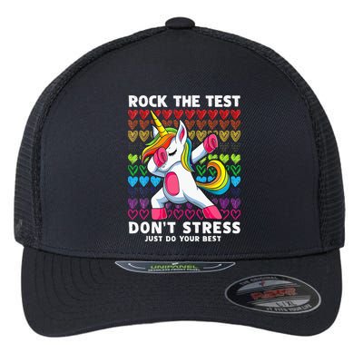 Funny Test Day Rock The Test Dabbing Unicorn Flexfit Unipanel Trucker Cap