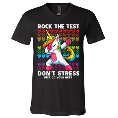 Funny Test Day Rock The Test Dabbing Unicorn V-Neck T-Shirt
