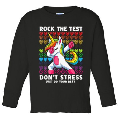 Funny Test Day Rock The Test Dabbing Unicorn Toddler Long Sleeve Shirt