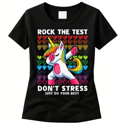 Funny Test Day Rock The Test Dabbing Unicorn Womens T-Shirt