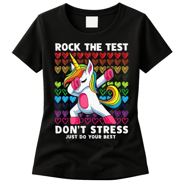 Funny Test Day Rock The Test Dabbing Unicorn Womens T-Shirt