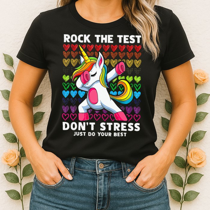 Funny Test Day Rock The Test Dabbing Unicorn Womens T-Shirt