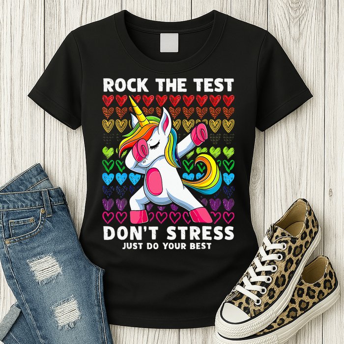Funny Test Day Rock The Test Dabbing Unicorn Womens T-Shirt