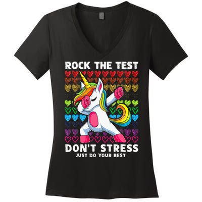 Funny Test Day Rock The Test Dabbing Unicorn Women's V-Neck T-Shirt