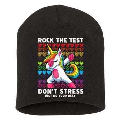 Funny Test Day Rock The Test Dabbing Unicorn Short Acrylic Beanie