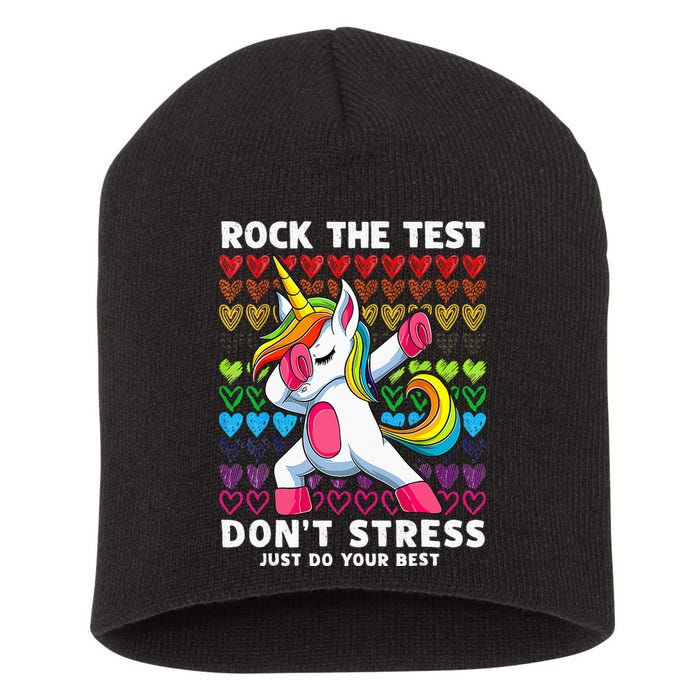 Funny Test Day Rock The Test Dabbing Unicorn Short Acrylic Beanie