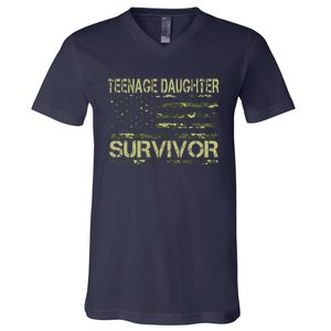 Funny Teenage Daughter Survivor Usa Flag Military V-Neck T-Shirt