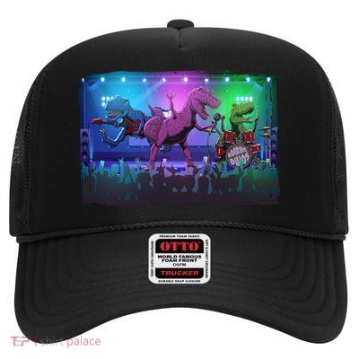Funny Trex Dinosaurs Rock Band Concert High Crown Mesh Back Trucker Hat