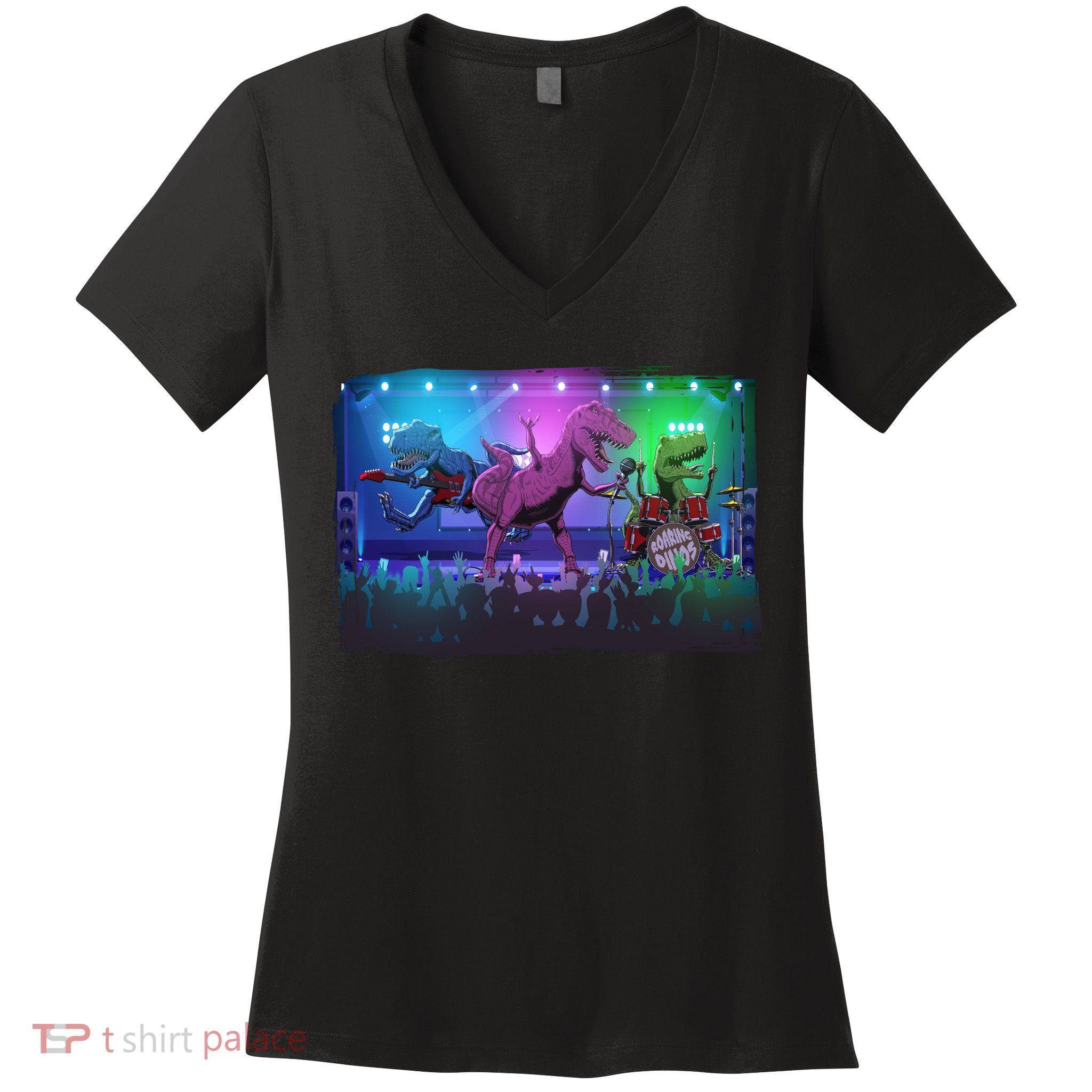 Funny Trex Dinosaurs Rock Band Concert Women's V-Neck T-Shirt