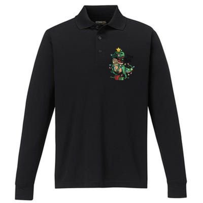 Funny Trex Dinosaur Christmas Tree Rex Gift Performance Long Sleeve Polo