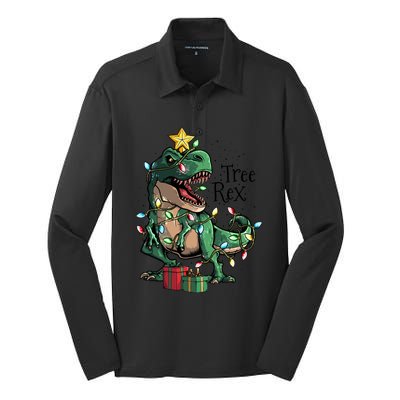 Funny Trex Dinosaur Christmas Tree Rex Gift Silk Touch Performance Long Sleeve Polo