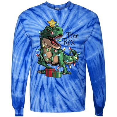 Funny Trex Dinosaur Christmas Tree Rex Gift Tie-Dye Long Sleeve Shirt