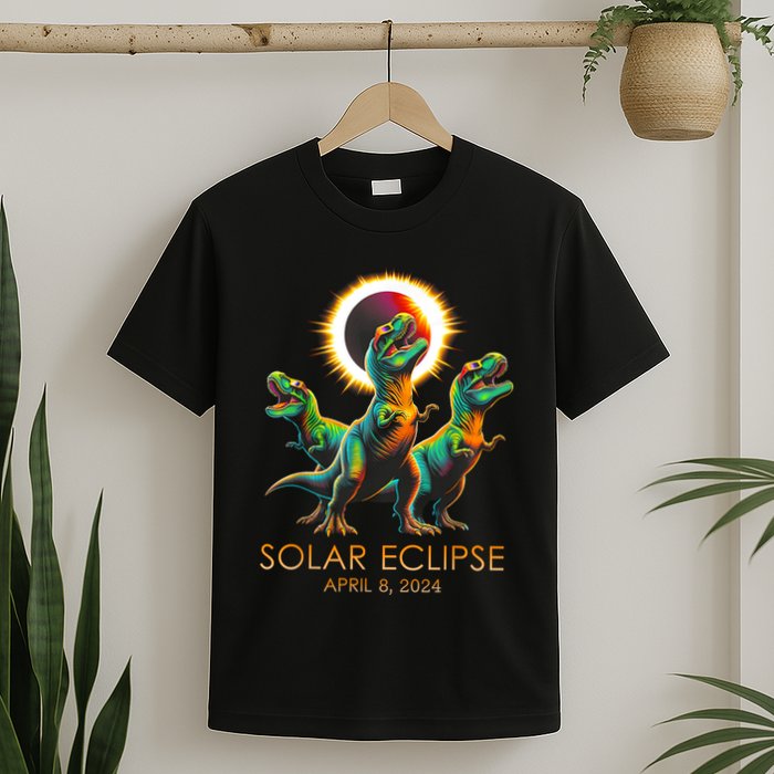 Funny Trex Dinosaur Watching Total Solar Eclipse Apr 8 2024 T-Shirt