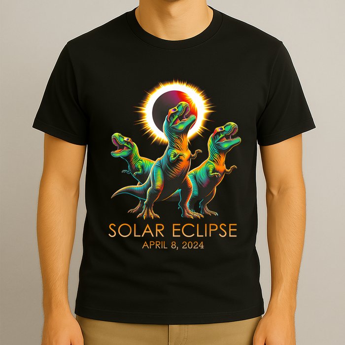 Funny Trex Dinosaur Watching Total Solar Eclipse Apr 8 2024 T-Shirt