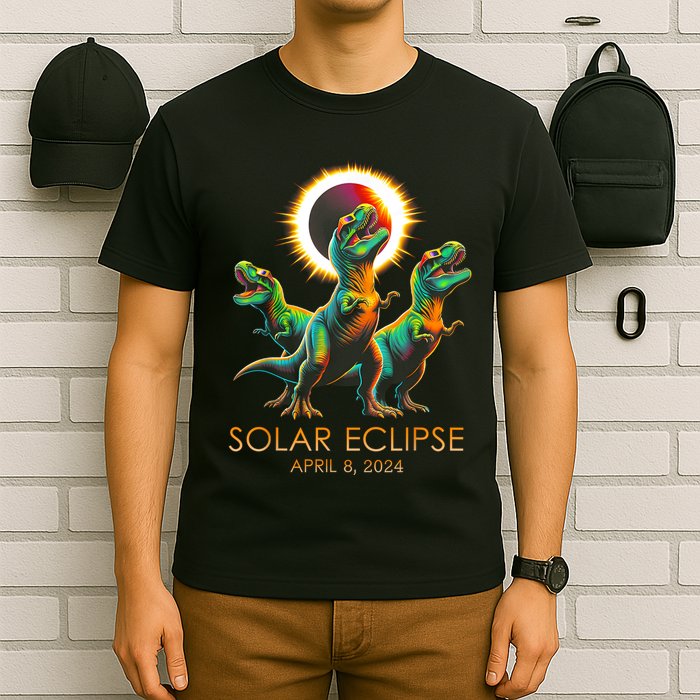Funny Trex Dinosaur Watching Total Solar Eclipse Apr 8 2024 T-Shirt