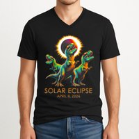 Funny Trex Dinosaur Watching Total Solar Eclipse Apr 8 2024 V-Neck T-Shirt